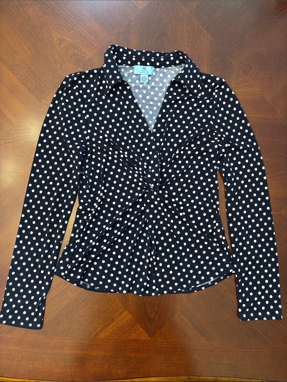 CeCe black Polka Dot Twist Front Long Sleeve Blouse